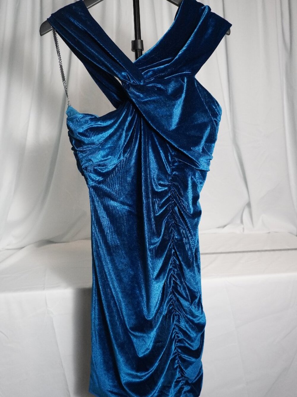 ZAC POSEN Velvet Cocktail Dress – Women’s Size 6 – Teal Blue Ruched Bodycon